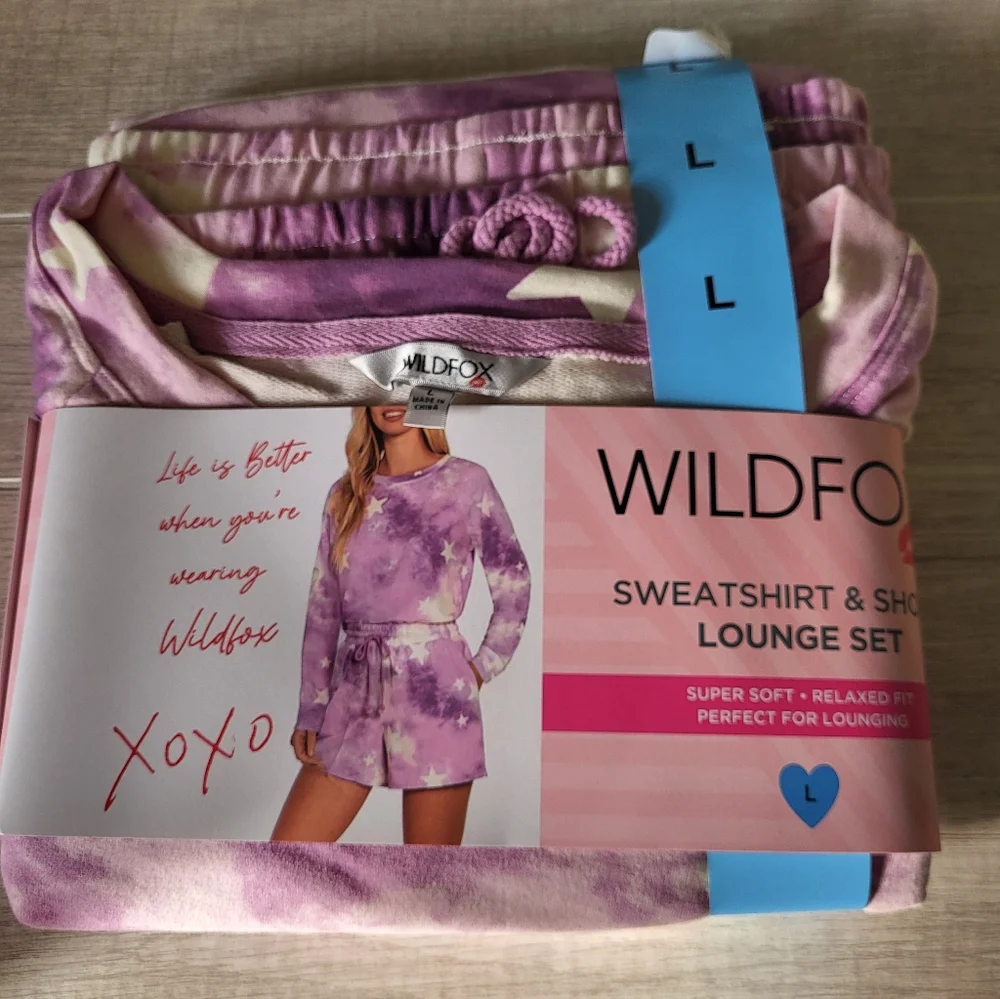 Wildfox Women Large Sweatshirt And Shorts Lounge Pajama Set Purple Star‎ Tie Dye